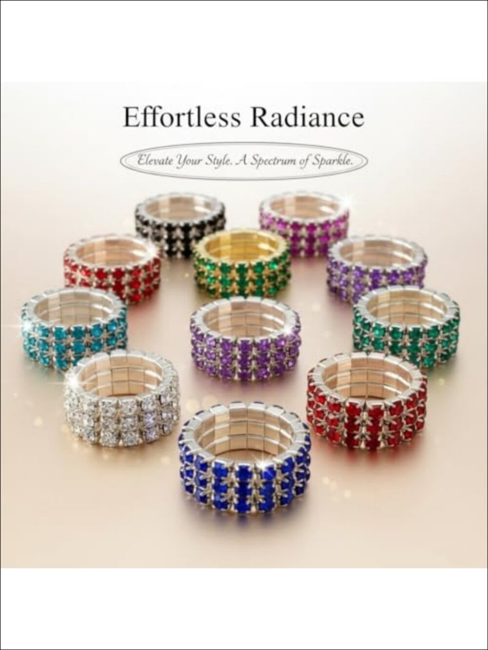 10 Pc Adjustable Rhinestone Ring Set Elastic Stacking Rings - Picture 2 of 6